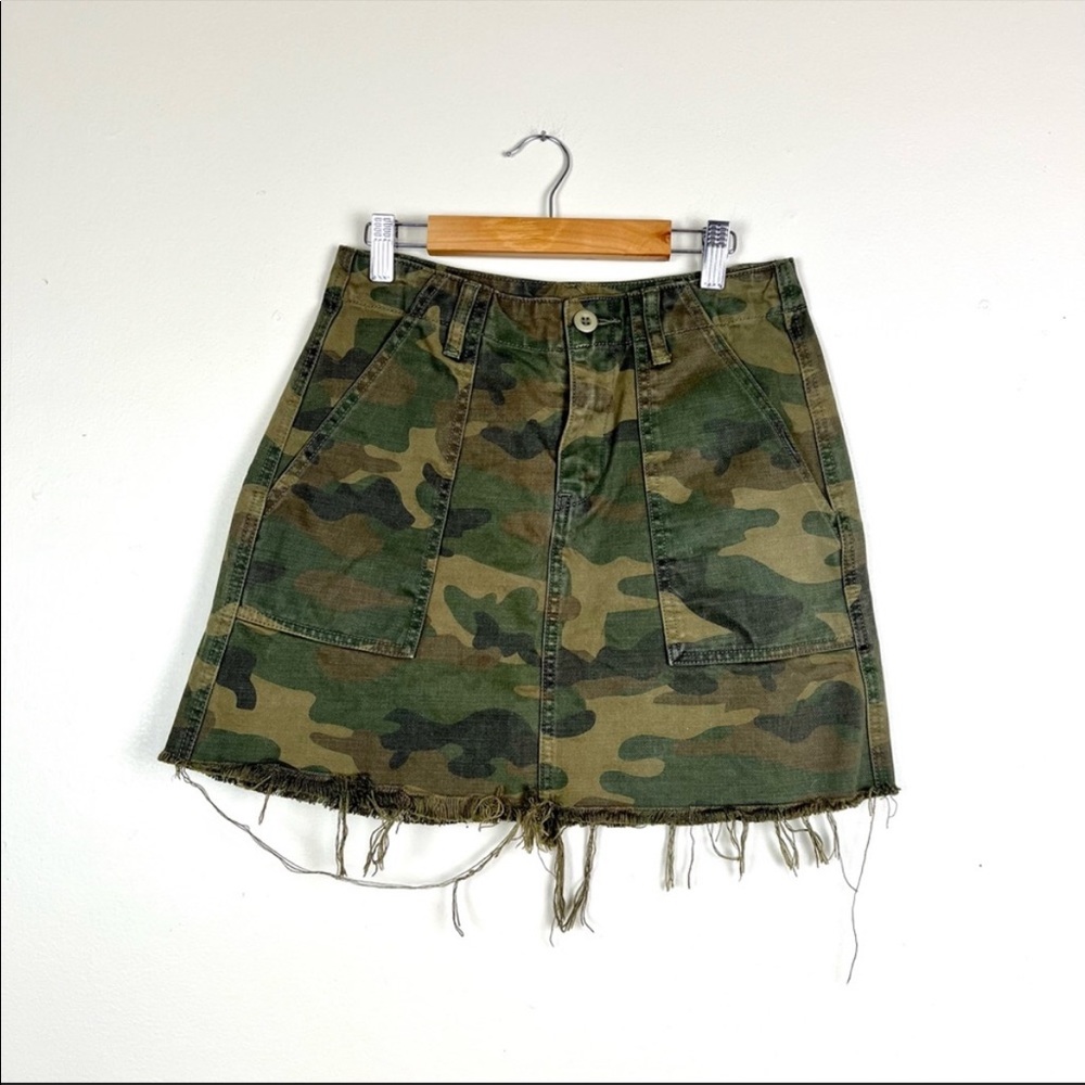 Blank NYC Chain of Command Green Brown Camo Print Distressed Denim Mini Skirt